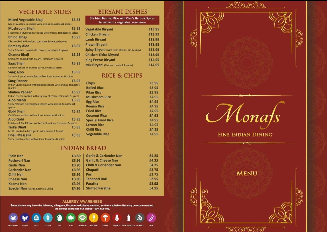 Monaf's indian takeaway menu sample front side