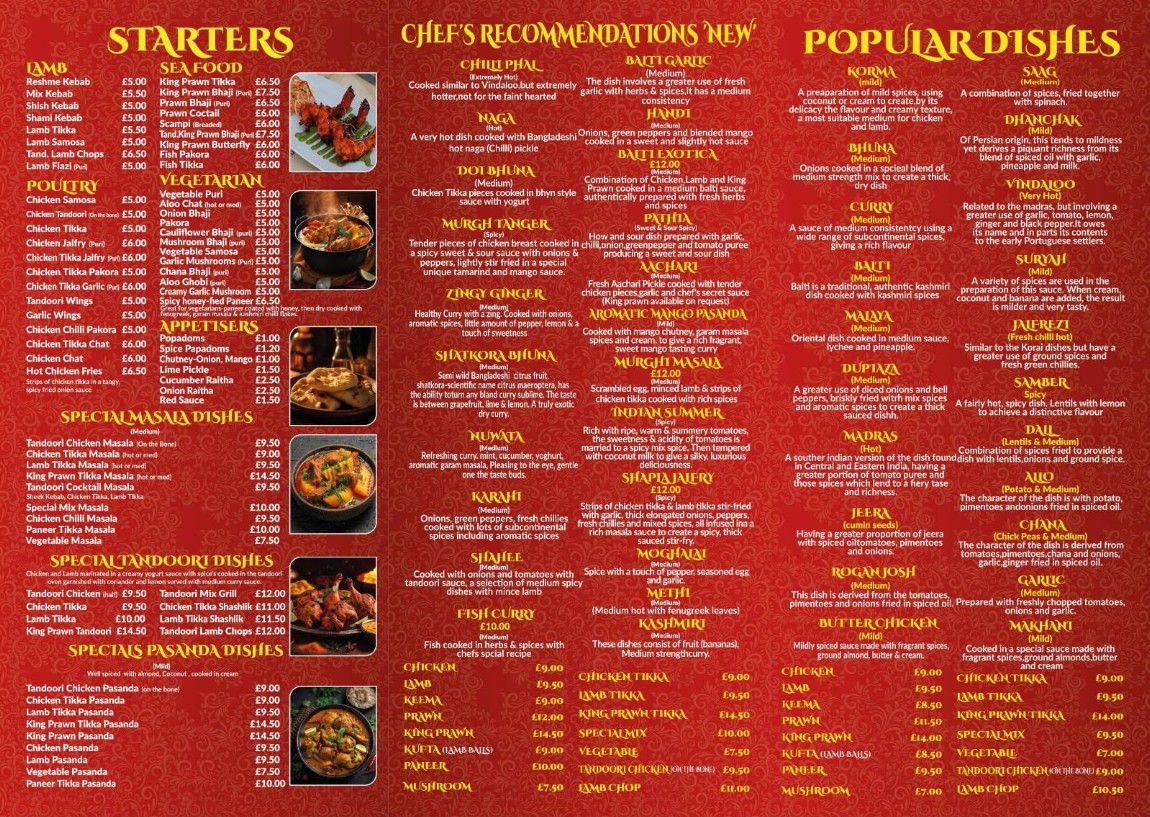 Shapla Indian takeaway menu sample