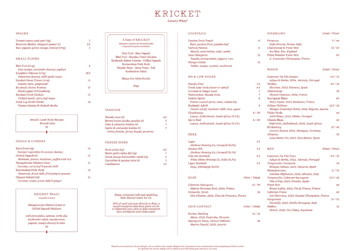 indian takeaway menus Kricket Canary Wharf Restaurant london