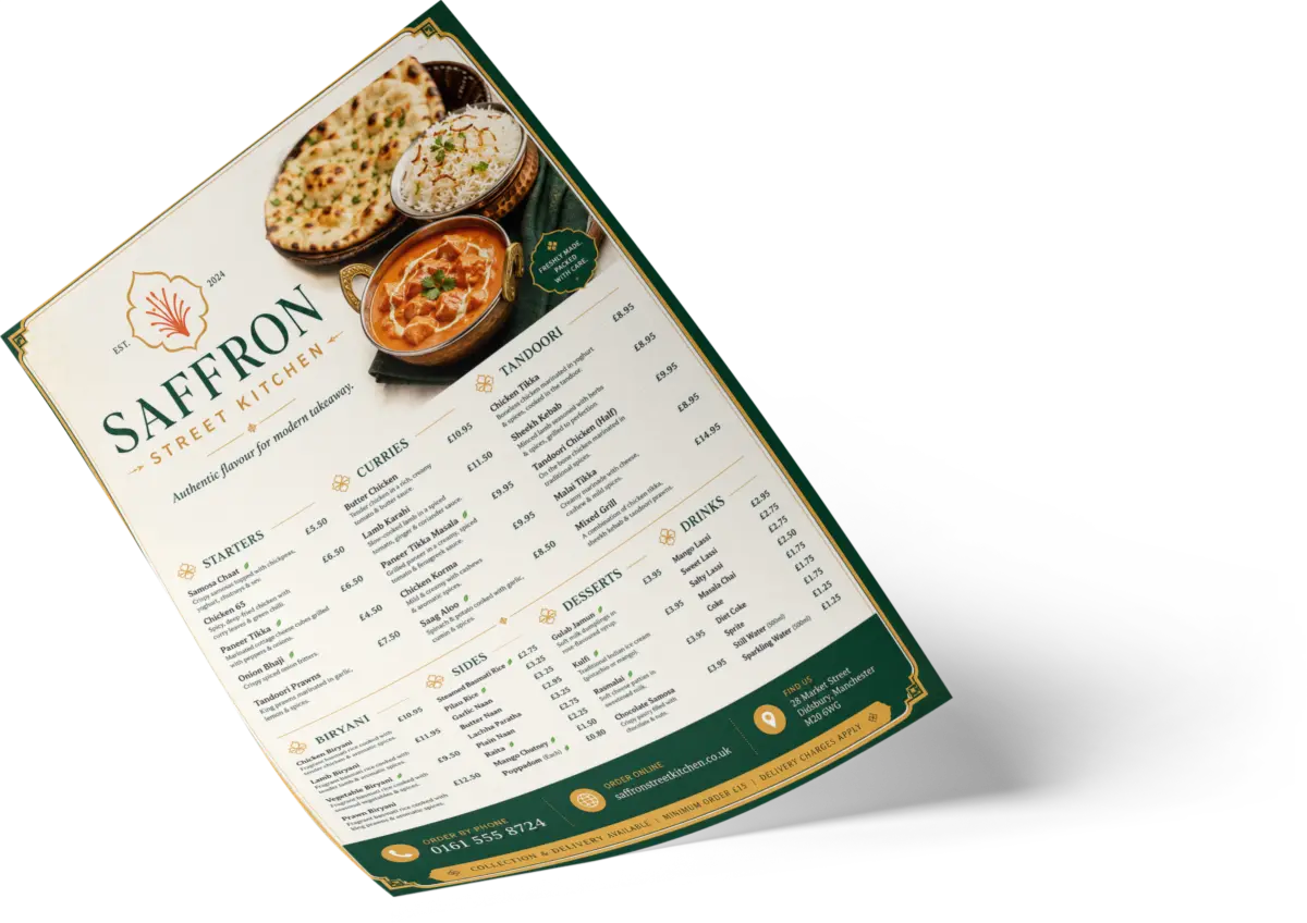 Full-colour A4 Indian restaurant takeaway menu printed on 130gsm