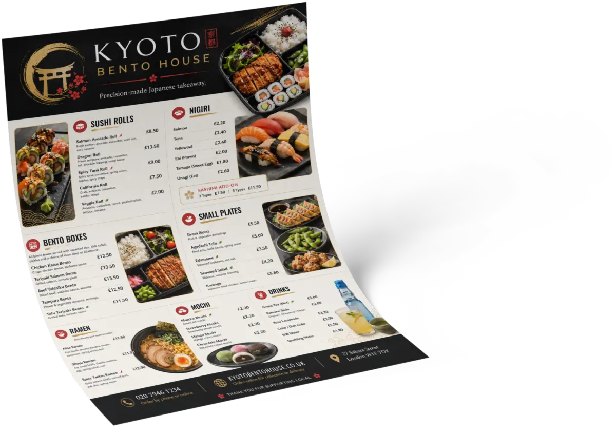 Full-colour A4 Japanese restaurant takeaway menu printed on 130gsm