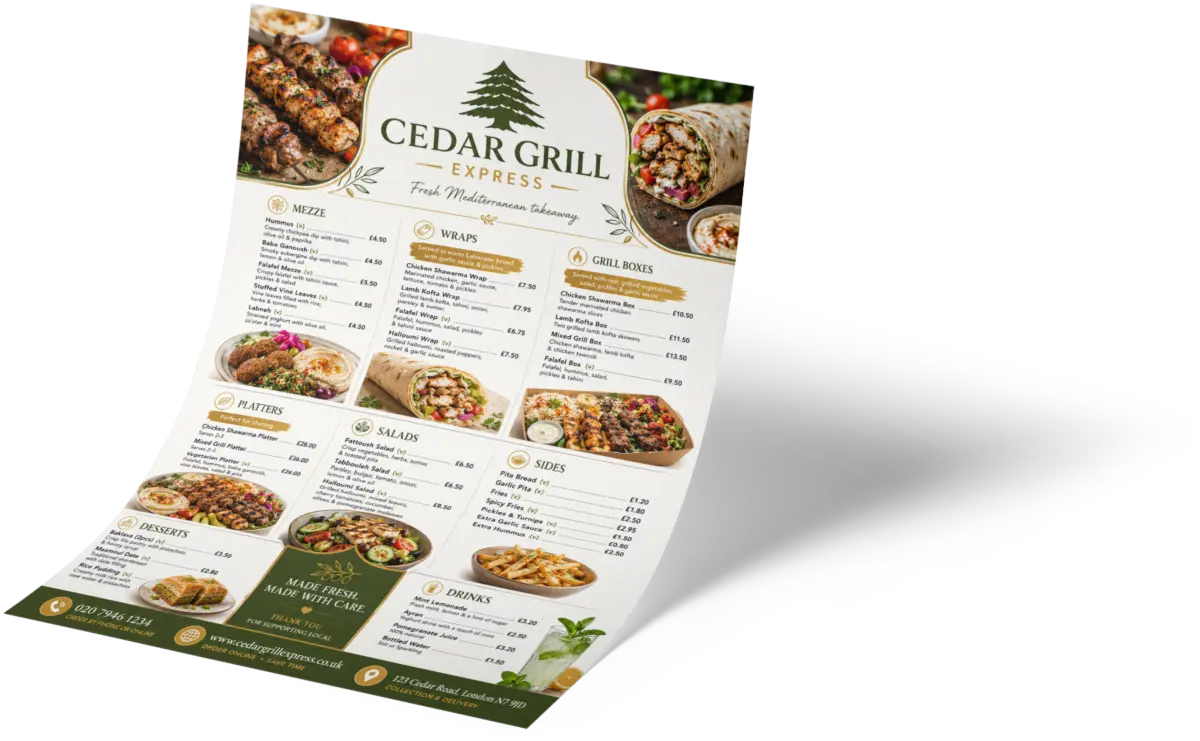 Full-colour A4 Lebanese restaurant takeaway menu printed on 130gsm
