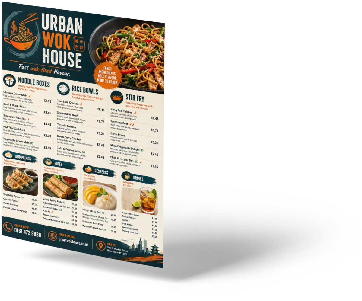 Full-colour A4 noodle bar takeaway menu printed on 130gsm