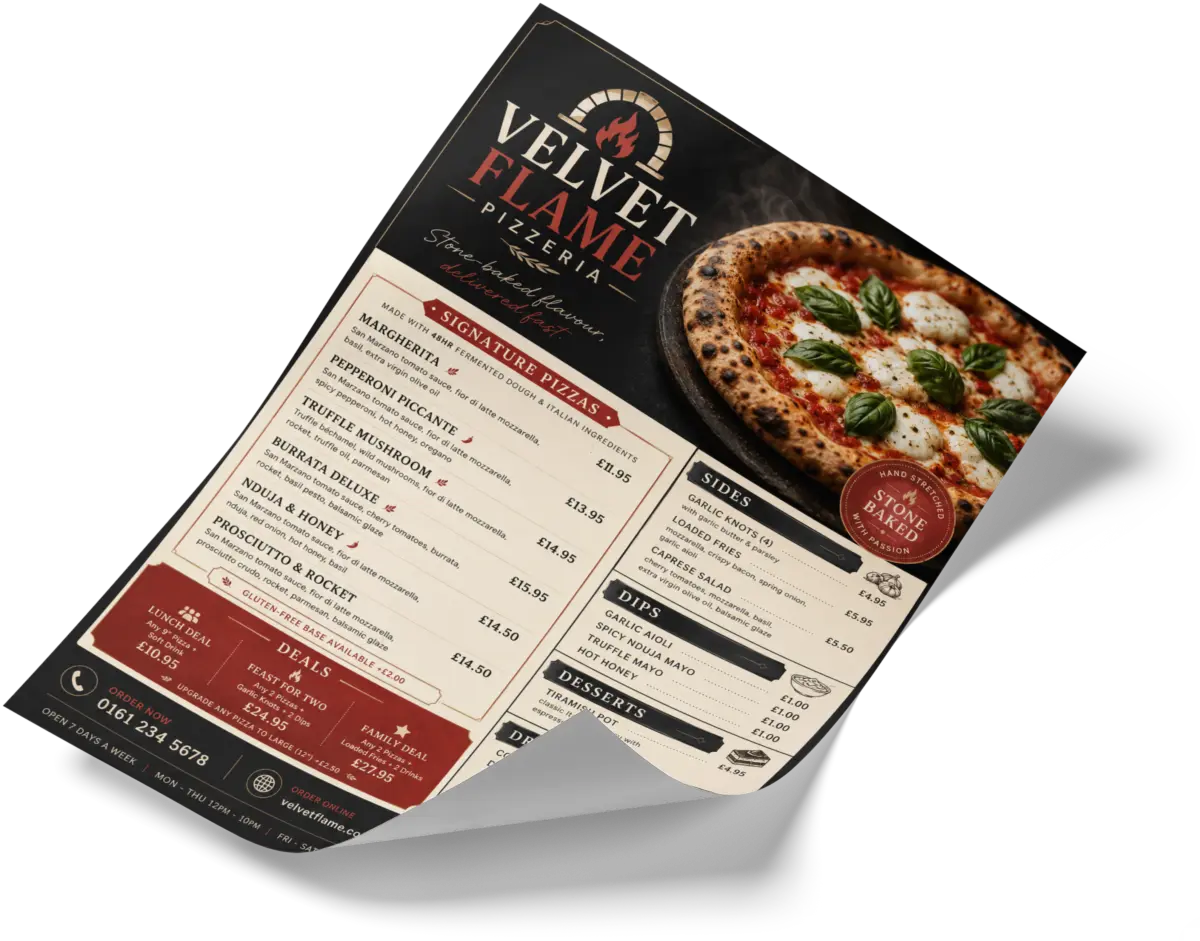Full-colour A4 pizza takeaway menu printed on 130gsm