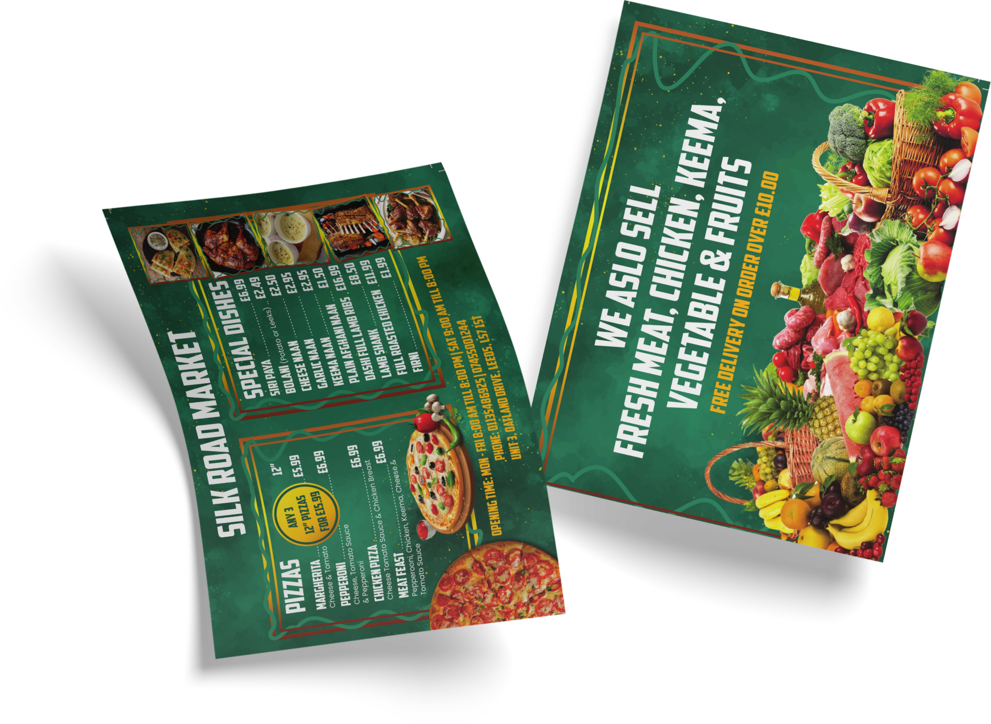 Full-colour A5 Silk Road Market takeaway menu printed on 130gsm