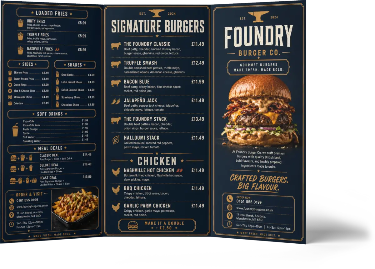 Full-colour trifold takeaway menu design printed on 130gsm
